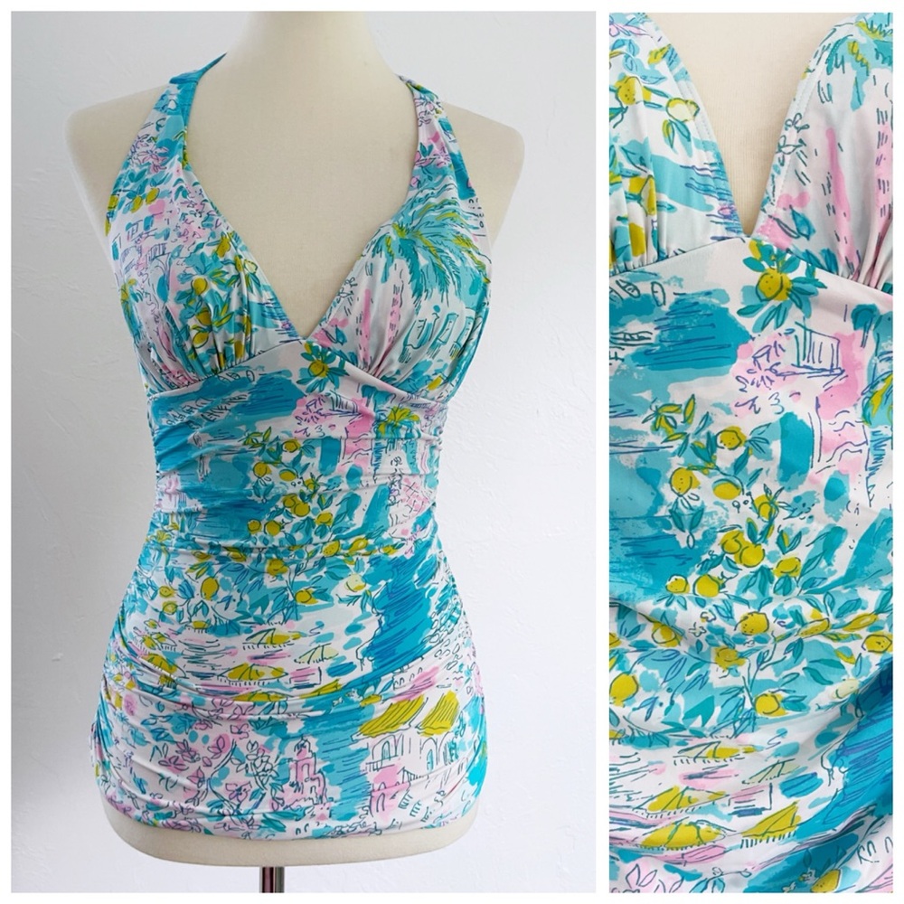 Lilly Pulitzer Kaia Fun Colorful Tankini Top Halter Ruches Swimsuit Sz 0 / XS-Sm